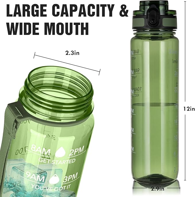 OLDLEY Water Bottle 32oz, Durable and Leakproof Water Bottles Motivational with Time Marker,Tritan,BPA Free, Gym,Travel, Home,School,Office, Anniversary Birthday Gifts for Men Women,Olive (1 Bottle)