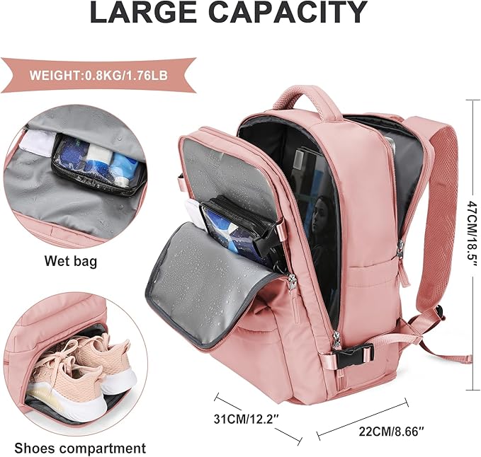 WONHOX Large Travel Backpack Women, Carry On Backpack,Hiking Backpack Waterproof Outdoor Sports Rucksack Casual Daypack with USB Charging Port Shoes Compartment,Pink…