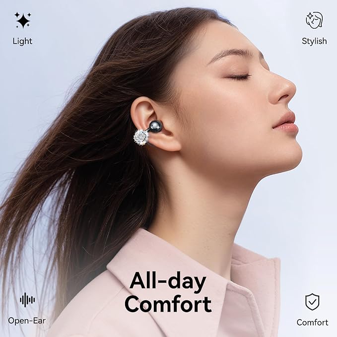 Kinglucky Jewelry-Inspired Clip-On Earbuds with Diamond Earrings, Comfortable Fit & 40H Playtime Open Ear Bluetooth 5.4 Wireless Headphones for Women, Small Ears, Sports & Workouts (Black)