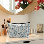 Blue Floral Makeup Bag Pouch, Blue and White Chinoiserie Makeup Pouch, Floral Cosmetic Bag, Boho Botanical Leaves Cosmetic Bag for Women