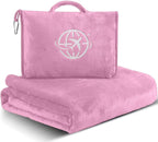 2-in-1 Travel Blanket and Pillow – Lightweight, Compact, Ultra Soft, Machine Washable – Handle, Luggage Sleeve, Backpack Clip – for Trave Airplane, Car, Office (light pink)
