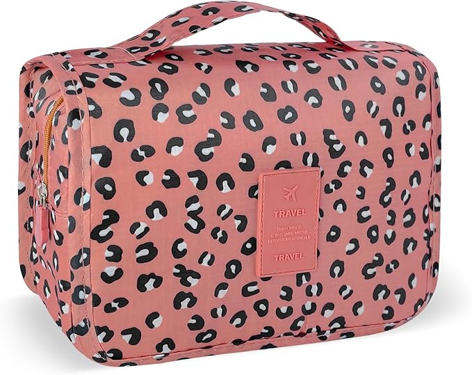Lcsmaokin Large Capacity Toiletry Bag Travel Bag with Hanging Hook for Men and Women Waterproof Travel Cosmetic Bag Bathroom Storage Bag for Brushes Set,Full-Sized Shampoo,Accessories-Pink Leopard