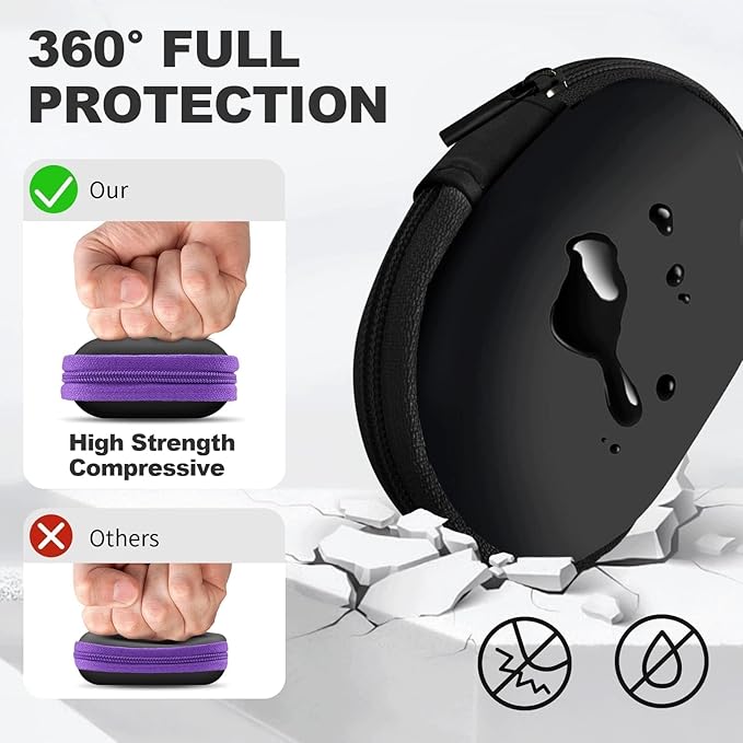 2Pack Oval Earbud Case Portable EVA Carrying Case Storage Bag Cell Phone Accessories Organizer with Carabiner for Earphone, Earbud, Earpieces, SD Memory Card, Camera Chips, Black/Purple