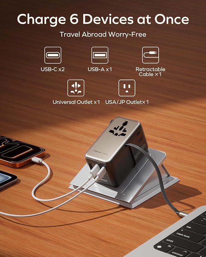 MOMAX 100W Universal Travel Adapter, 6-in-1 International Power Adapter with USB-C Retractable Cable, Dual-AC Plug Adapter PD Fast Charging Worldwide Wall Charger for US/UK/EU and Over 200 Countries