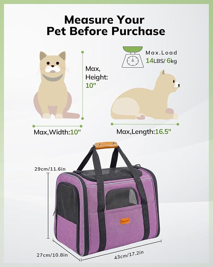 Morpilot Cat Carrier - Cat Carrier Soft for Medium or Large Cats up to 20lbs, with Dual-Sided Cushion, Secure Buckle and Foldable Bowl, Dog Carriers for Small Dogs(Purple)-17.3" L x 12.2" W x 13.4" H