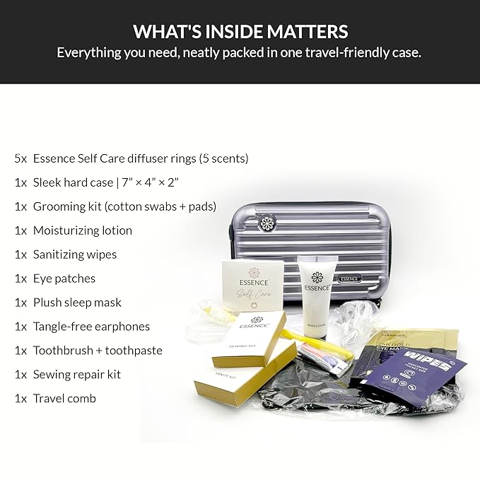 Essence Travel Amenity Kit | Travel Essentials & Travel Size Toiletries Kit | 5-Pack Nasal Diffuser Rings, Sleep Mask, Lotion & Hygiene Kit | Travel Toiletry Kit for Women | Gold Case