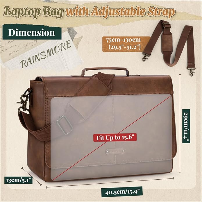 RAINSMORE Vintage Flap Messenger Bag for Men PU Leather Laptop Bag 15.6 Inch Mens Briefcase Waterproof Satchel Computer Bag