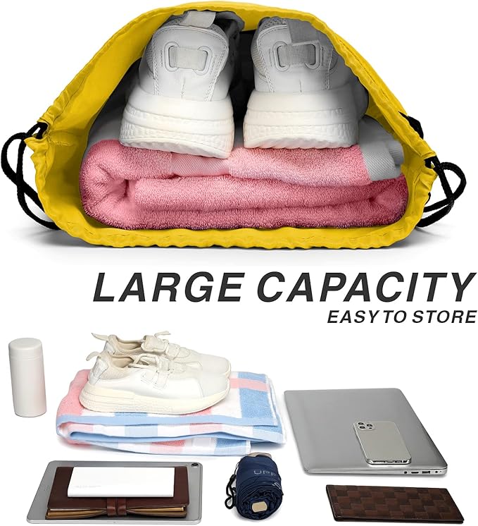 Drawstring Backpack Sports Water Resistant String Bag Sport Gym Sackpack for Women Men Large with Zipper, Yellow