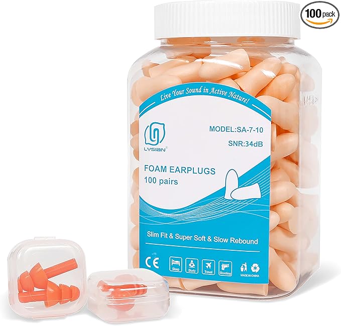 LYSIAN Slim Fit Foam Ear Plugs for Small Ear Canals, 100 Pairs 35dB SNR Noise Reduction Earplugs for Work, Travel and Discreet Daily Use, Women, Teens, Beige