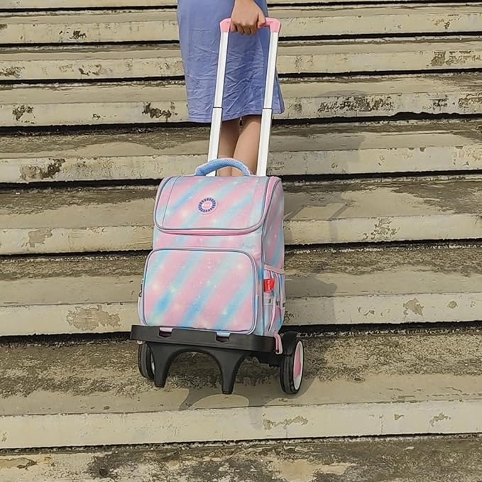 Rolling Backpack Trolley Cart with Stair-Climbing Quiet Wheels,Foldable Aluminum Frame,Adjustable Handle,Large 77 lbs Capacity–Fits Travel Bags,Book Bags,Shopping–Pink,No Edge Guard
