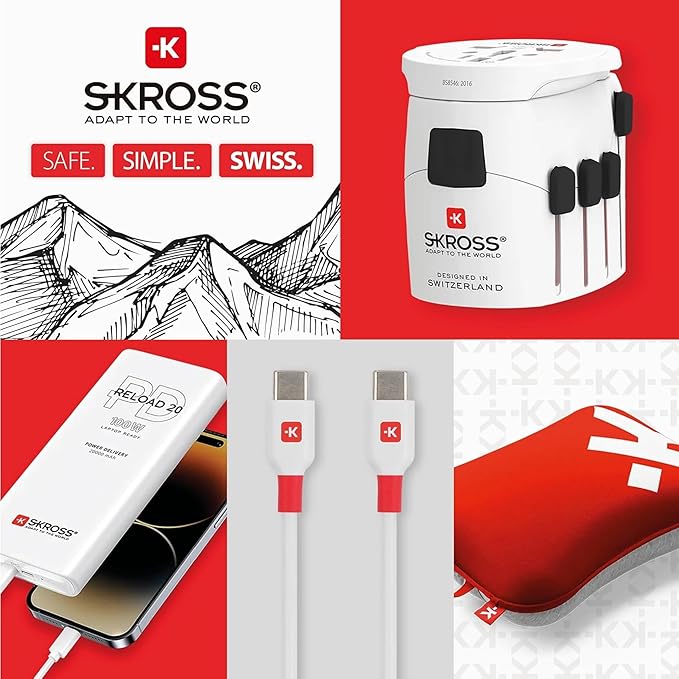SKROSS World Travel Adapter Set 3-Pack — USA, UK & Europe Plug Adapters, Swiss-Engineered Country Travel Adapter Bundle, White
