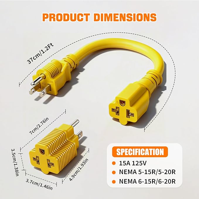 4-in-1 15 Amp to 20 Amp -1ft Extension Cable&Power Adapter， T Blade Adapter - 5-15P to 5-20R, 6-15R, 6-20R，12AWG AC Power Plug Adapter Cable