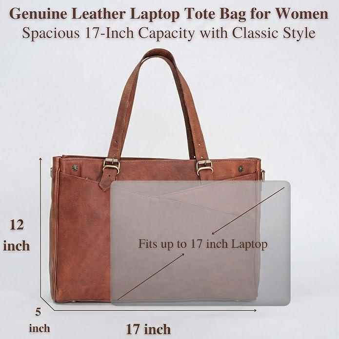 17-inch Genuine Leather Laptop Bag for Women – Large Brown Leather Work Tote with Laptop Compartment, Womens Computer Bag, Briefcase & Messenger Style for Office, Business, Travel & Teacher Gifts | Genuine Leather