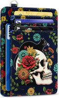 Yonlevres Cat Skull Credit Card Holder Slim Wallet, Floral Goth RFID Wallet Women Front Pocket Small Card Holder, Funny Skeleton Travel Card Case ID Window PU Leather RFID Blocking Card Organizer Gift