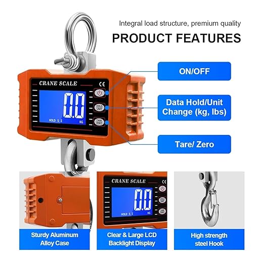 Portable 1000Kg/500Kg Digital Hanging Scale - Heavy-Duty Industrial Hook Scale with LCD Backlight, Unit Change Function, Sturdy & Safe