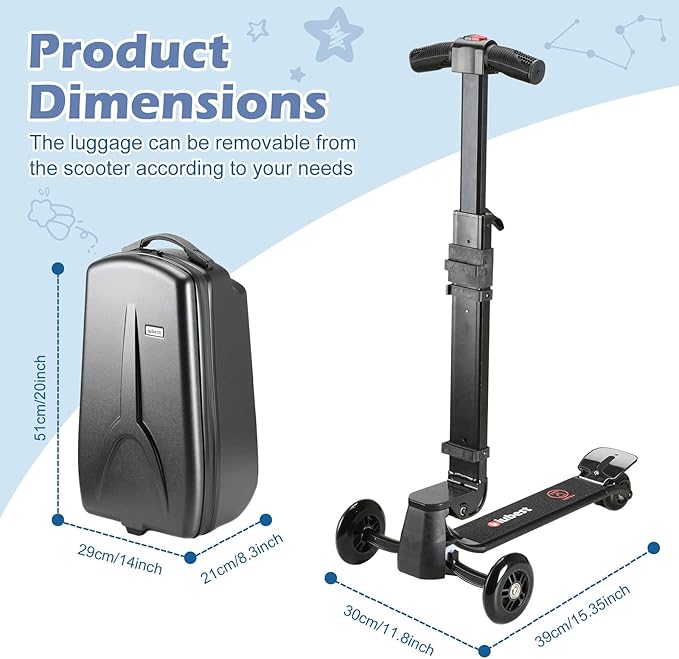 Scooter Luggage for Kids Scooter Suitcase for Ages 4-12, 4 in 1 Kids Luggage Boarding Suitcase Detachable & Foldable Scooter Travel Trolley Ride On Luggage-Black