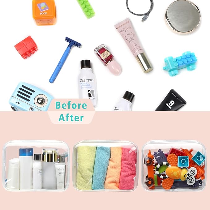 F-color TSA Approved Toiletry Bag 3 Pack Medium - Clear Makeup Bag Travel Quart Size for Women Men, Clear Cosmetic Bag Airport Airline Compliant Carry on Bag, Active White Matte
