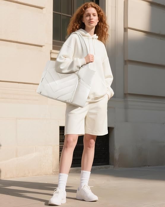 LOVEVOOK Puffer Tote Bag for Women, V-Quilted Puffy Teacher Tote Nurse Bag, Large Shoulder Laptop Purse for Work Travel Gym