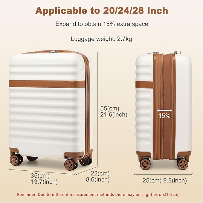 Kono Airline Approved Carry On Luggage, 21.6 inchx13.7 inchx8.6 inch inches, 21.6 Inch Expandable Lightweight Hardshell Suitcase with TSA Lock, (Cream Brown, Suitable for 1-3 Days of Travel)