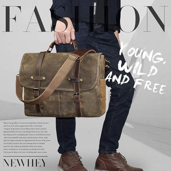 Mens Messenger Bag 15.6 Inch Waterproof Vintage Genuine Leather Waxed Canvas Briefcase Large Satchel Shoulder Bag Rugged Leather Computer Laptop Bag, Khaki