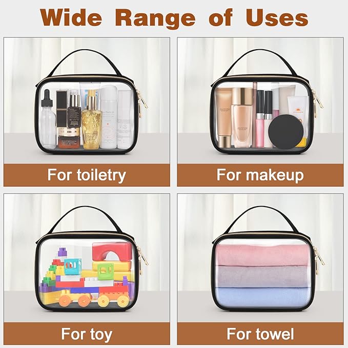 Wedama Clear Toiletry Bag, 3 Pack Clear Makeup Bags with Handles, PVC Cosmetic Bags for Women and Men, Large Opening Toiletry Bags, Black