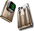 REWONDER for Magsafe Protable Charger, 10000mAh Wireless Portable Charger Built-in 2 Cables, 5-in-1 Slim for iPhone Air Battery Pack with Kickstand for iPhone Air/17/16, Apple Watch S11 /S10, Golden