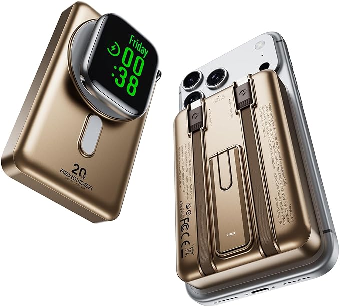 REWONDER for Magsafe Protable Charger, 10000mAh Wireless Portable Charger Built-in 2 Cables, 5-in-1 Slim for iPhone Air Battery Pack with Kickstand for iPhone Air/17/16, Apple Watch S11 /S10, Golden