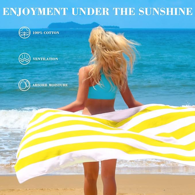 Exclusivo Mezcla 4 Pack Cotton Large 30x60 Inches Soft Cabana Stripe Thick Beach Towel, Super Absorbent Travel Bath Pool Towel (Yellow)