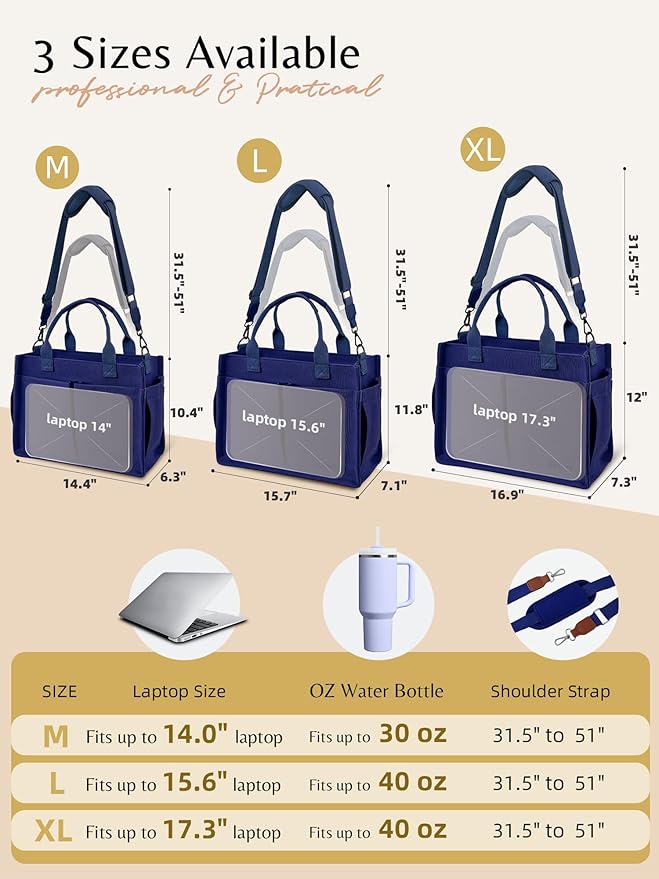 BESBESME Canvas Tote Bag for Women with Zipper & Compartments– Large Work & College Laptop Tote Crossbody Shoulder Bag