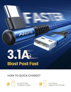 AINOPE Type C Cable [2-Pack, 6.6ft] 3.1A C Charger Cable Fast Charging Right Angle, Durable Nylon Braided USB C Cable Compatible with Galaxy S10 S9 S8 Plus S21, Note 10 9 8, LG (Blue)