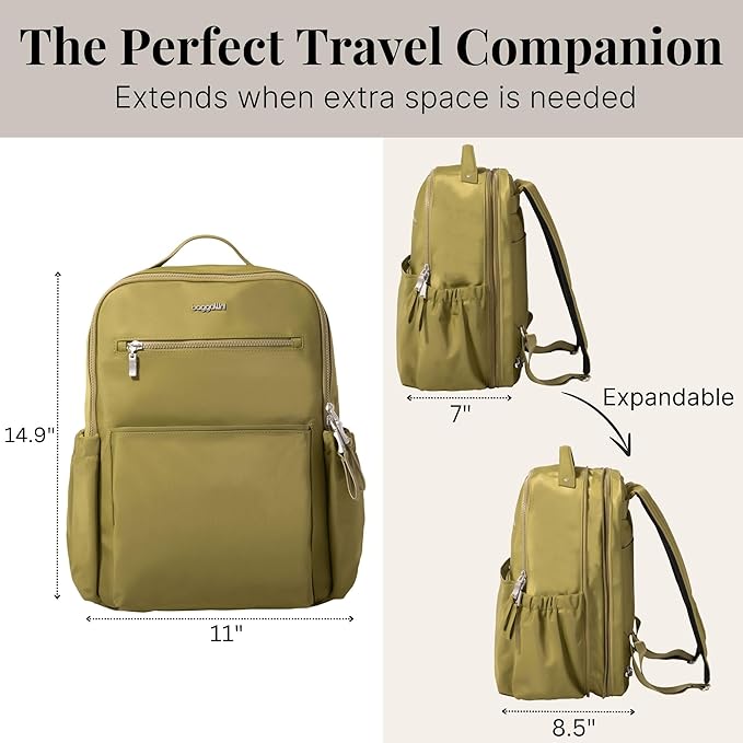 Baggallini Tribeca Expandable Laptop Backpack - 15"x11" Lightweight RFID Computer Bag for Work & Travel with Luggage Sleeve