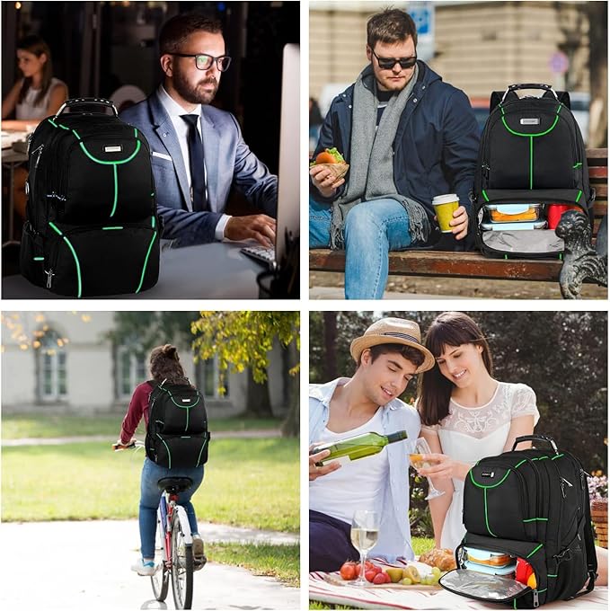 VECKUSON Laptop Backpack, 15.6 Inches, Green, Unisex, Waterproof, USB Charging Port, Insulated, TSA Approved, Anti-Theft, Durable Polyester Nylon Fabric