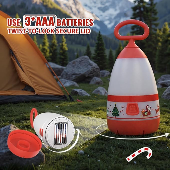 Kids Camping Lantern with Christmas Santa Sleigh Battery Powered (3×AAA Included), 3 Mode Eye Prptecting Night Light, IPX4 Waterproof Silicone Handle Tent Light for Children Gifts (2-Pack)