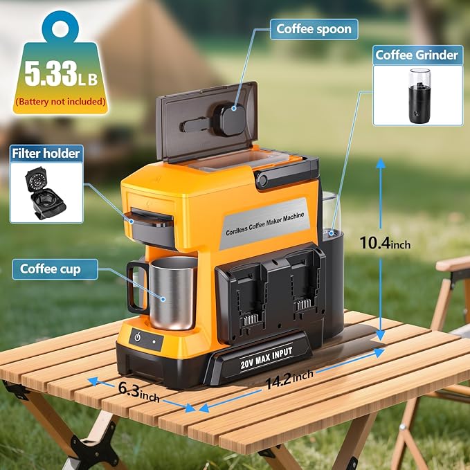 Taingwei Portable Coffee Maker for Dewalt 20V Battery, Drip Coffee Machine with Electric Coffee Grinder for RV, Camping, Travel, Car, Hiking (Battery Not Included)