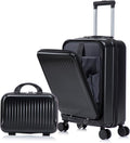 GDFStudio 14/20 Inch 2 Piece Luggage Set with Front Opening Design, ABS Hard Shell Spinner Suitcase with Combination Lock,360° Silent Wheels, Retractable Handle, and 14” Portable Cosmetic Case,Black