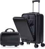 GDFStudio 14/20 Inch 2 Piece Luggage Set with Front Opening Design, ABS Hard Shell Spinner Suitcase with Combination Lock,360° Silent Wheels, Retractable Handle, and 14” Portable Cosmetic Case,Black