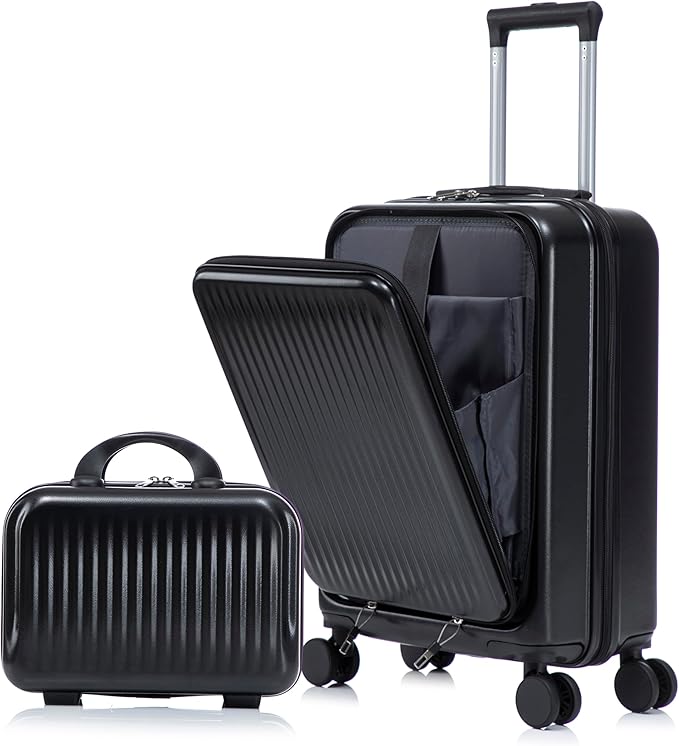 GDFStudio 14/20 Inch 2 Piece Luggage Set with Front Opening Design, ABS Hard Shell Spinner Suitcase with Combination Lock,360° Silent Wheels, Retractable Handle, and 14” Portable Cosmetic Case,Black