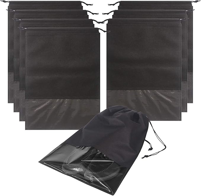 8 PCS Shoe Bags for Travel Non-Woven Large Shoes Pouch Storage Organizer with Rope for Men and Women Black