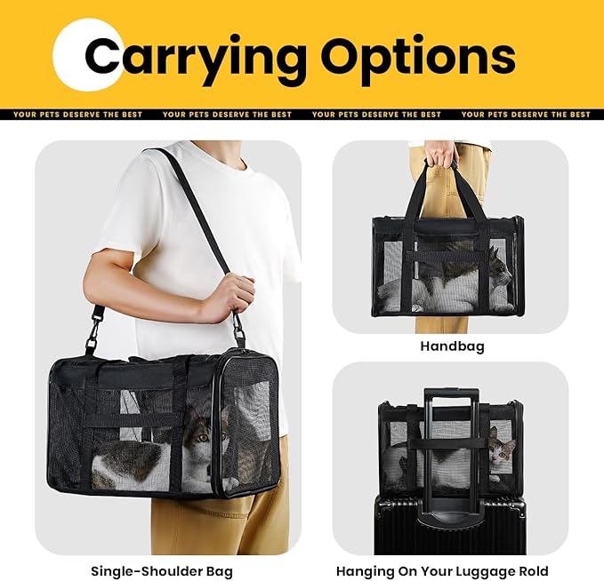 Conlun Cat Carrier Bag,Soft-Sided Pet Carriers for Dogs with 4-Sided Mesh,Airline Approved Cat Transport Carrier for Small&Medium Cats Kitten Puppy Up to 15Lb,Collapsible Cat Travel Carrier-M,Black