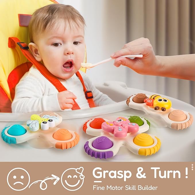 ALASOU 3PCS Pop Suction Cup Spinner Sensory Airplane Travel Toys for 1 Year Old Boy Girl Infant Toddlers|Novelty Spinning Tops 12 18 Months|1 2 Year Old Boy Birthday Gift|Baby Bath Toy Kids Ages 1-3
