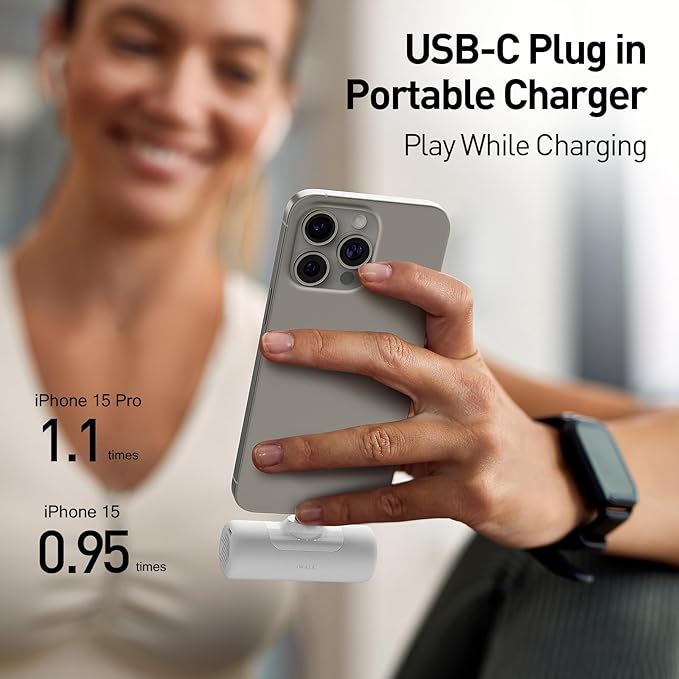 iWALK 4,500mAh Portable Charger for iPhone 15/16/17, Power Bank with Build-in USB C Connector, Battery Pack Phone Charger for iPhone Series, Samsung S22/23/24 Series and Android, White