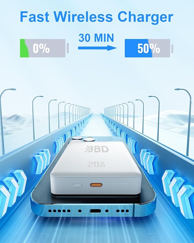 BBD Magnetic Power Bank for iPhone,12000mAh Magsafe Battery Pack with 20w Fast Charging,Slim Magsafe Power Bank USB C in&Out,Wireless Portable Charger for iPhone 17/16/15/14/13/12 Series-White