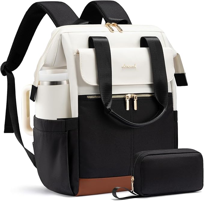 LOVEVOOK Laptop Backpack for Women, 15.6 Inch Work Laptop Bag with USB Port, Fashion Teacher Nurse Backpack Purse, Waterproof Travel Computer Backpack with Organizer Bag, 2PCS, Beige-Black
