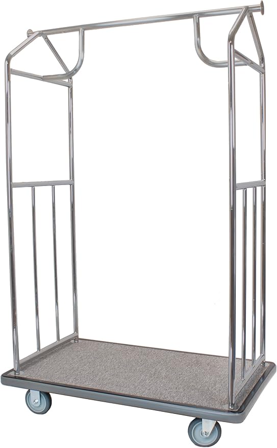 Brushed Stainless Steel Luggage Cart – 800lb Capacity – Bellman Cart w/ 5” Rubber Wheels & Gray Carpet, for Hotel, Resorts, Condos, Commercial Use (Value Valet Series)