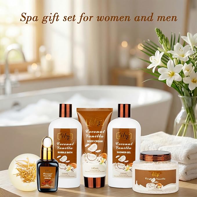 Mothers Day Gifts for Mom, Gifts for Women, 7-Piece Coconut Vanilla Bath and Body Gift Set, Spa Kit | Spa Gifts for Valentines Day, Fathers Day, Birthday, Christmas Gift, All Occasion Gift
