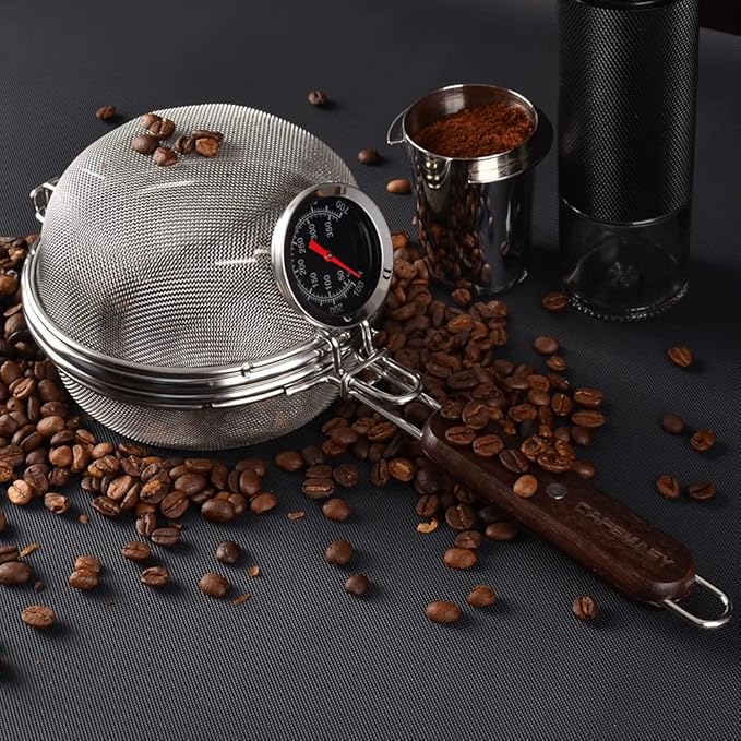 Home Coffee Bean Roaster Tool - CAFEMASY Portable Stainless Steel Handy Coffee Roaster Mesh Pan Tool with Thermometer for Home & Outdoor Coffee Beans Baking