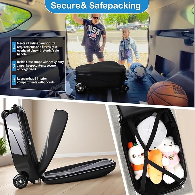 Scooter Suitcase Carry On Hardshell Ride On Suitcase Scooter for Kids Age 4-15, Multifunctional Ride On Lightweight Kids Luggage with Wheels(Black)