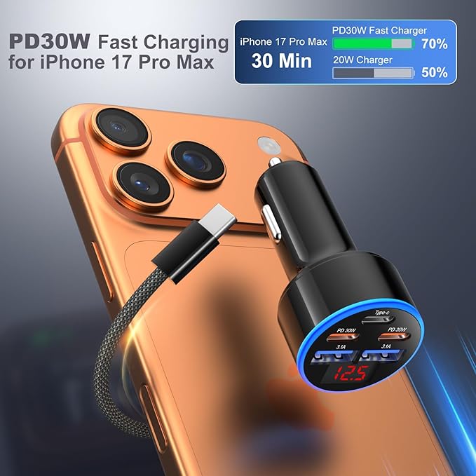 5-Pack USB C Car Charger 90W, OKRAY 5-Port Super Fast Charging PD30W 12v Cigarette Lighter Adapter USB-C&USB-A Multiport Car Phone Charger with Volt Meter for iPhone 17 16 15 14, iPad, Galaxy S25 A16
