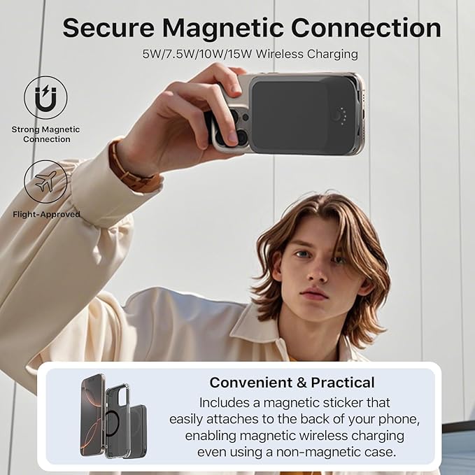 NOBIS Slim Magnetic Power Bank 5000mAh with Built-in Cable Wireless Portable Charger QC 3.0 22.5W PD Fast Charging USB C in/Out, for MagSafe Battery Pack for Phone 16 Android (Black)