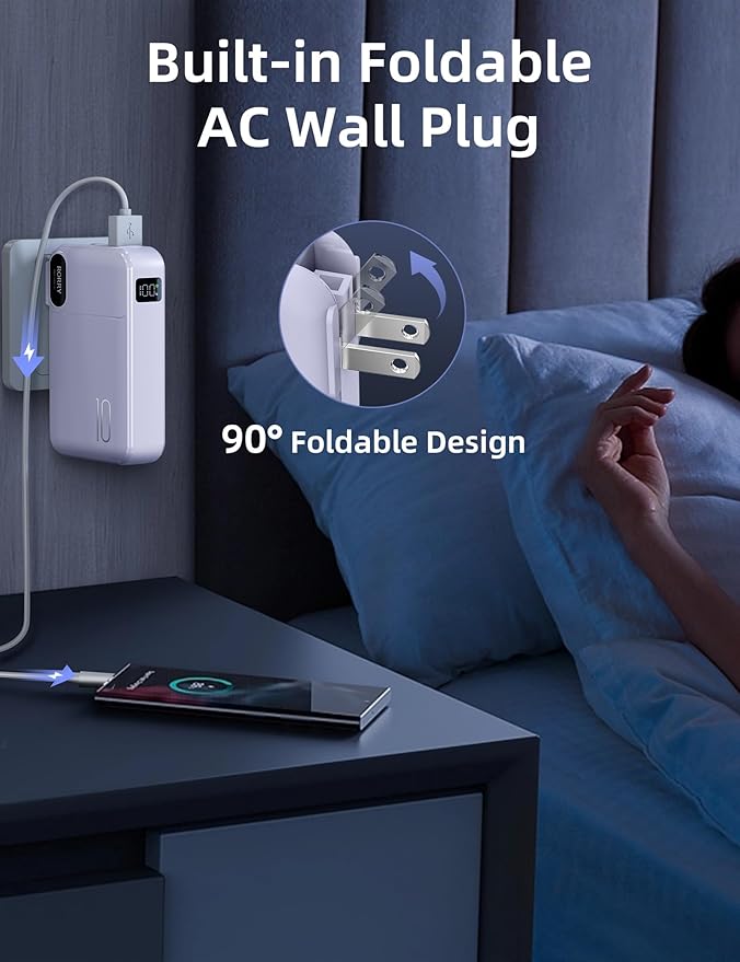 RORRY Portable Charger Built in Cables, AC Wall Plug in Portable Charger Power Bank 10000mAh Travel Battery Pack 22.5W Fast Charging for iPhone 17/16/15 Samsung Galaxy S25/S24 Pixel LG iPad, Purple
